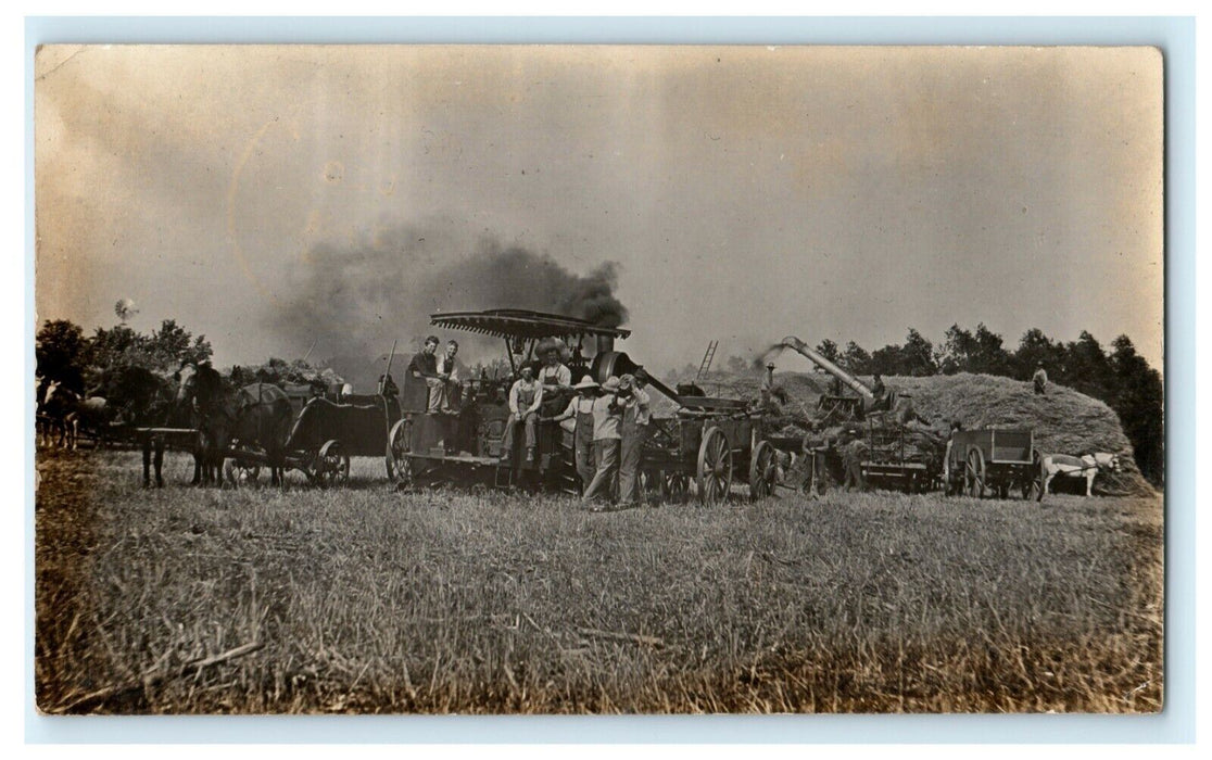 Hay Bailer Farm Equipment Worker 1910 Amboy Illinois RPPC Photo Antique Postcard