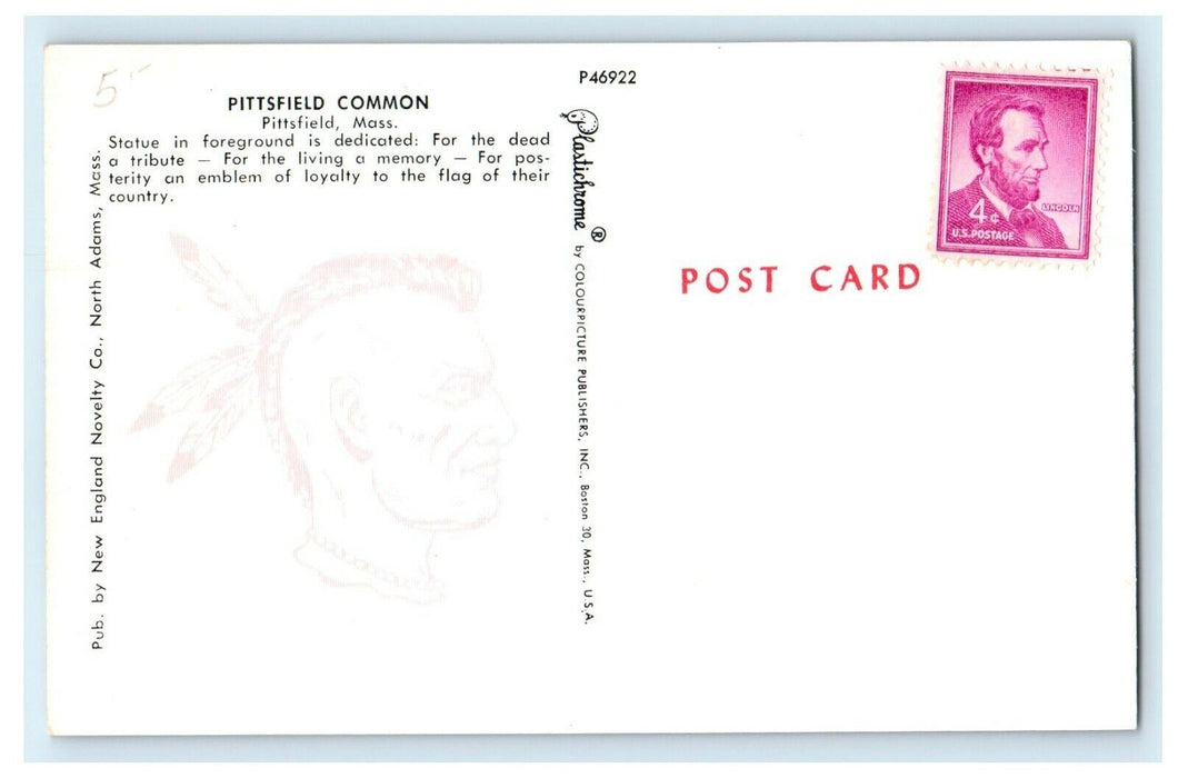 View Of Pittsfield Common Statue Foreground Massachusetts MA Unposted Postcard