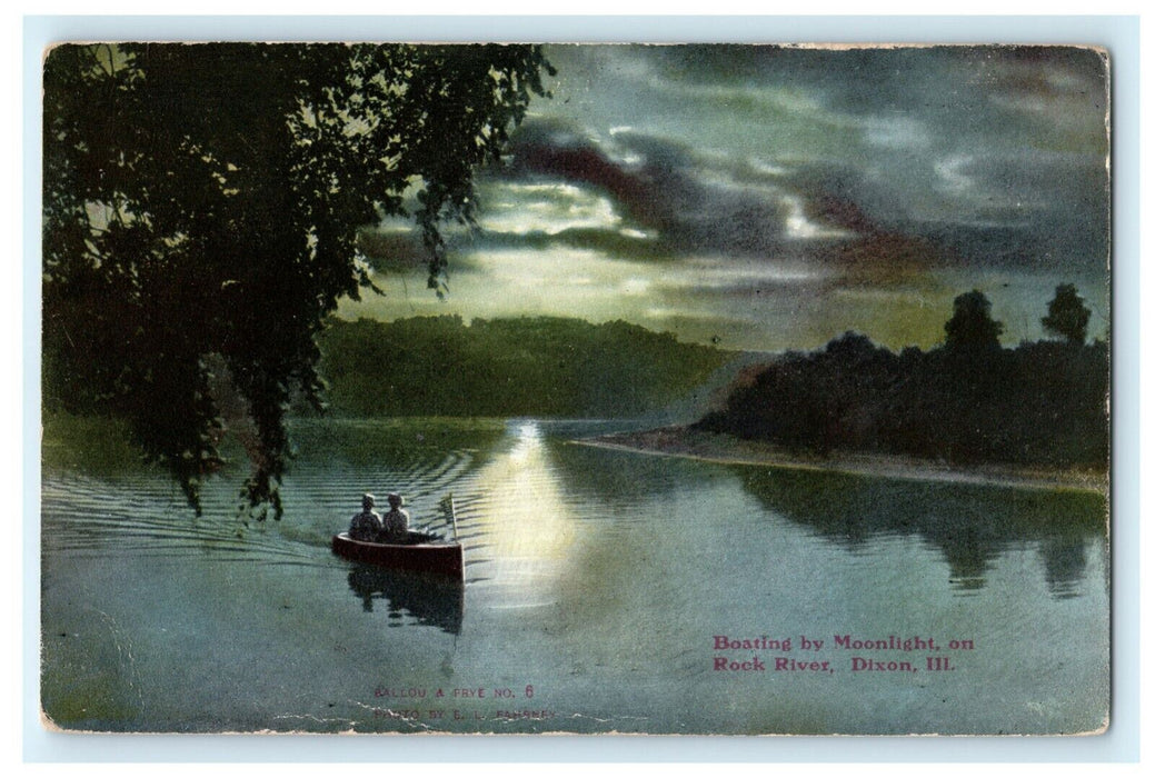 Boating Moonlight Rock River Dixon Illinois 1909 Vintage Antique Postcard