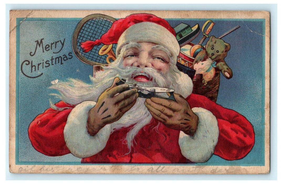 Christmas Santa 1924 Skates Trumpet Racket Teddy Bear Vintage Antique Postcard