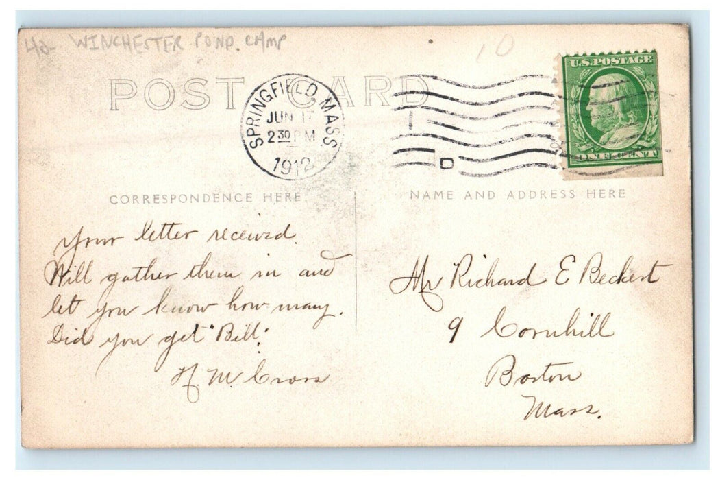 1912 Winchester Pond Camp Massachusetts MA RPPC Photo Antique Postcard