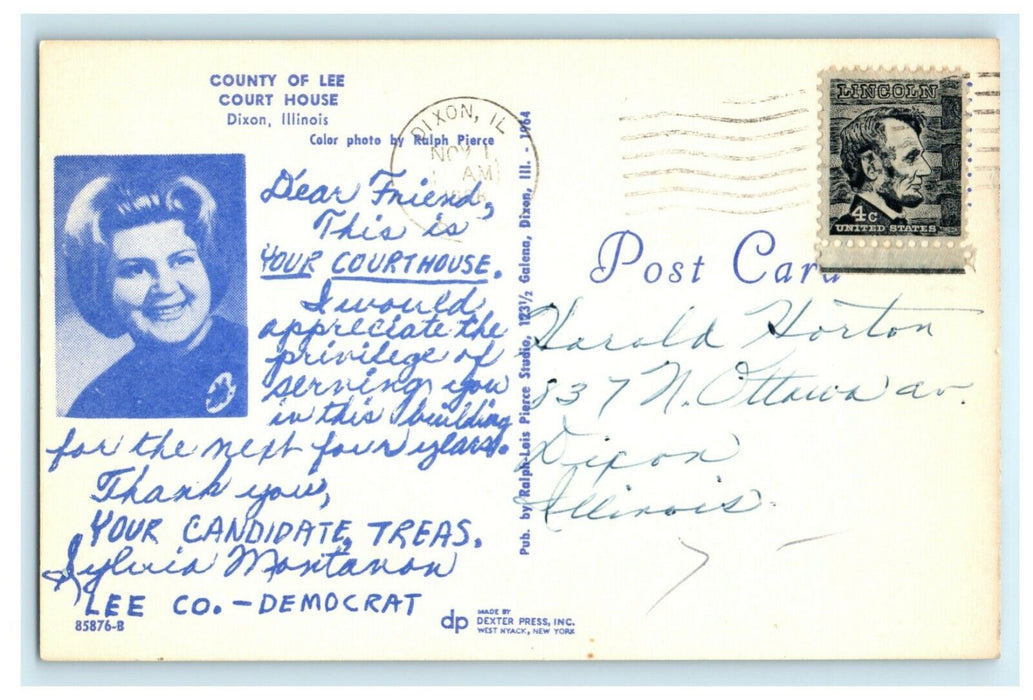 Lee County Court House 1958 Political Ad Dixon Illinois Vintage Antique Postcard