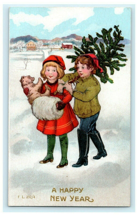 Girl Boy Bear New Year c1910 Christmas Tree Embossed Vintage Antique Postcard
