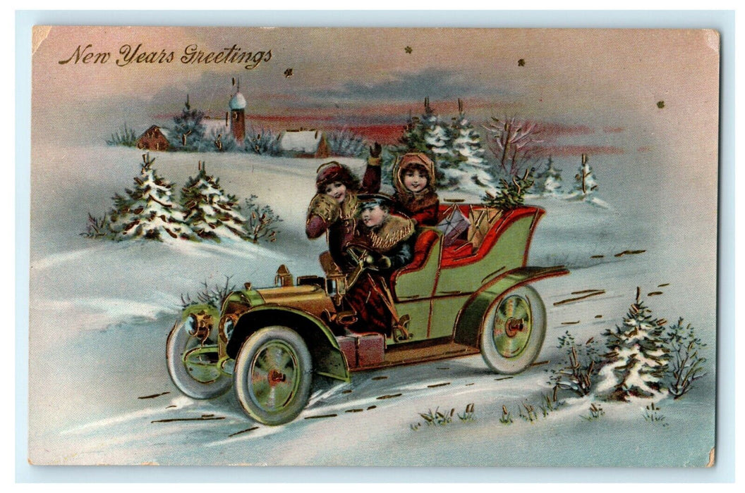 Classic Car New Year Gel Gold c1910 Embossed Germany Vintage Antique Postcard