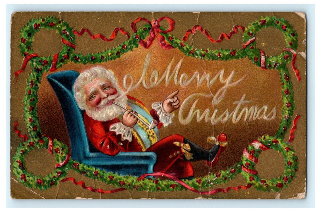 Whimsical Christmas Santa Claus Smoking Pipe 1910 Embossed Antique Postcard