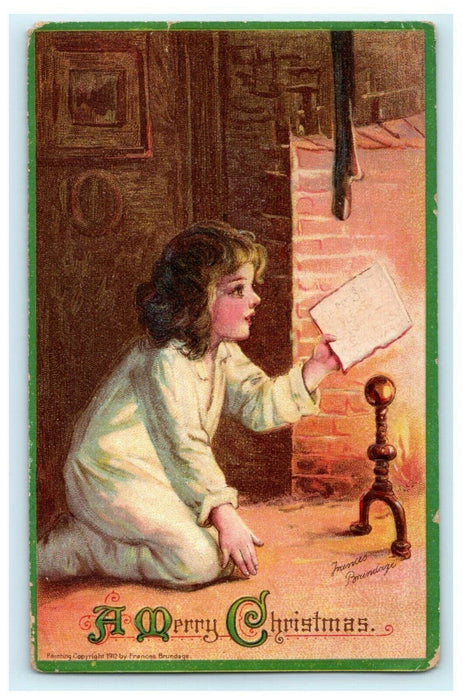 Christmas Letter Santa Girl Fireplace 1912 Frances Brundage Antique Postcard