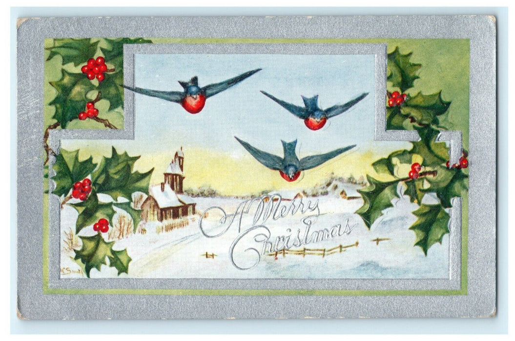 Merry Christmas 1910 Embossed Birds Silver Vintage Antique Postcard