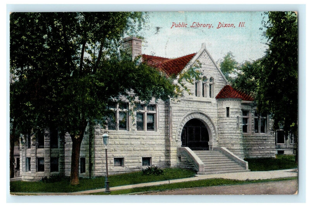 Public Library Dixon Illinois 1908 Double Cancel Vintage Antique Postcard