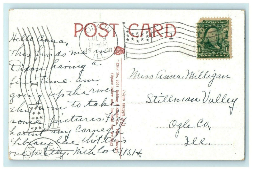 Public Library Dixon Illinois 1908 Double Cancel Vintage Antique Postcard