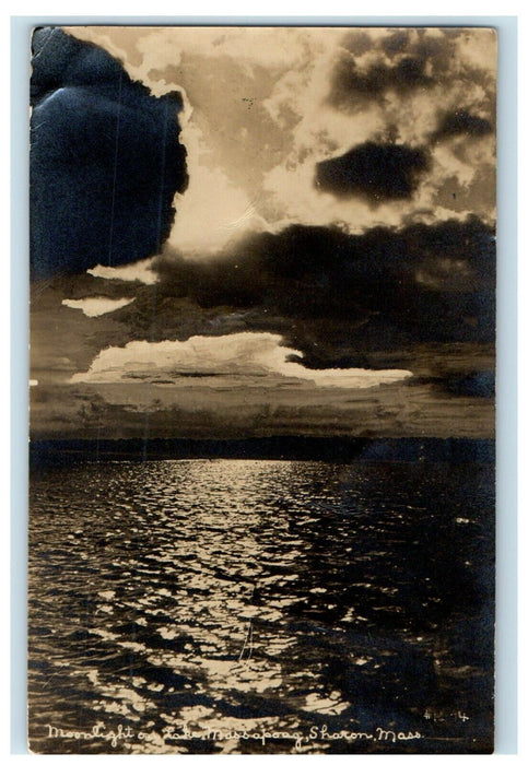 1913 Moonlight On Lake Massapoag Sharon Massachusetts MA RPPC Photo Postcard