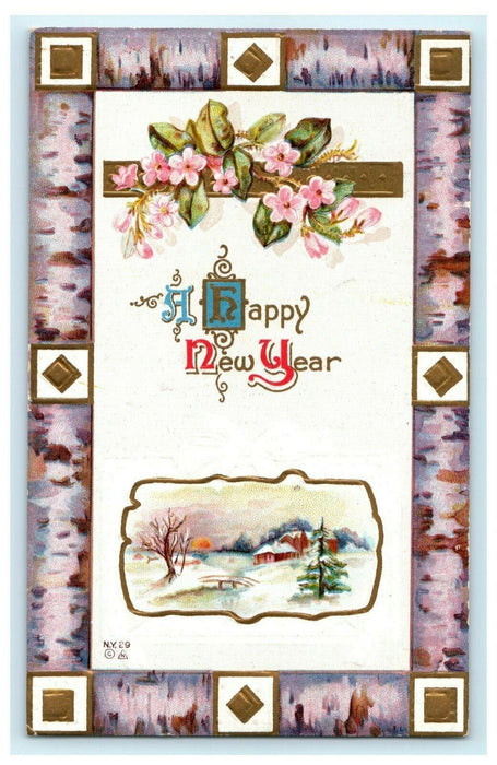 Nash New Year's Winter Scene 1912 Border Gold Embossed Vintage Antique Postcard