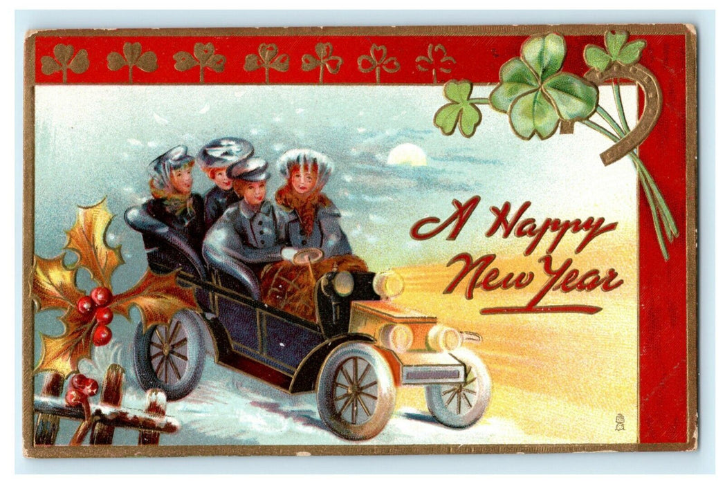 New Year's Day Tuck's Car Binghamton NY Embossed 1910 Vintage Antique Postcard