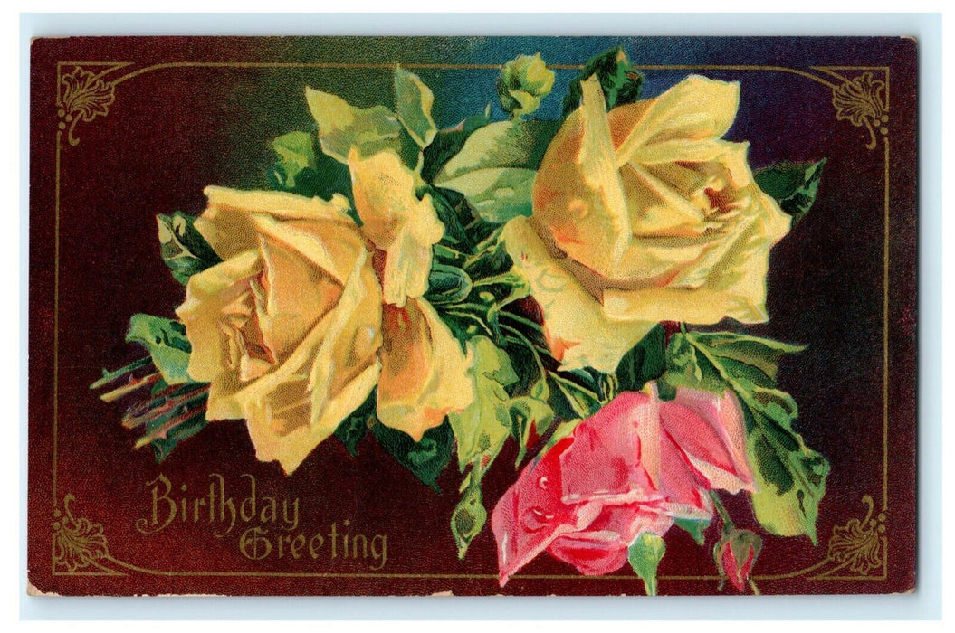 Gel Embossed Austria Roses Birthday c1910 Winsch Back Vintage Antique Postcard
