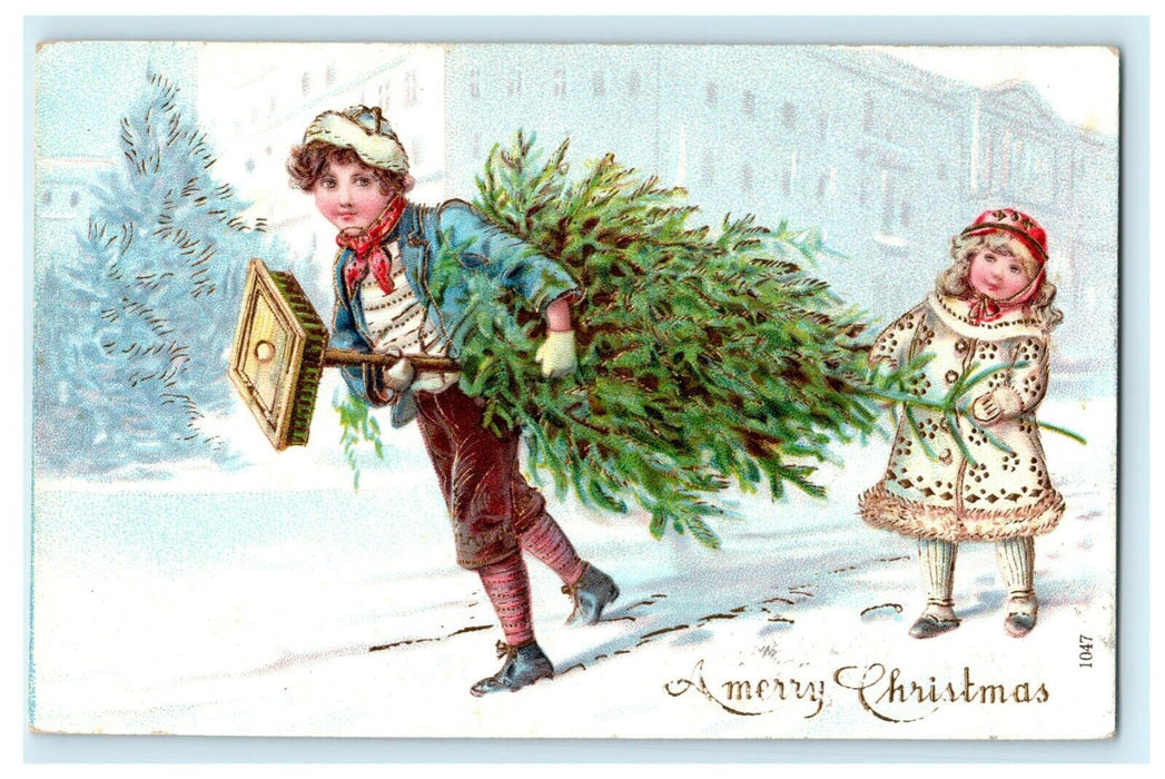 Beautiful Christmas Tree 1911 Boy Girl Gold Embossed Vintage Antique Postcard
