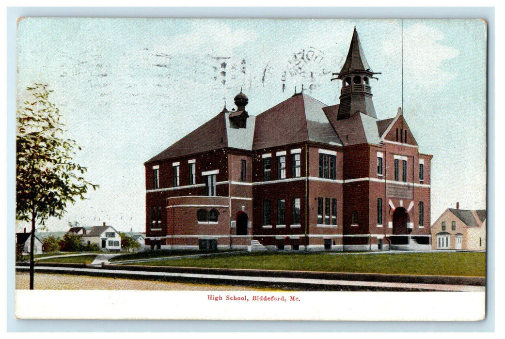1909 View of the High School, Biddeford Maine ME Antique Posted Postcard