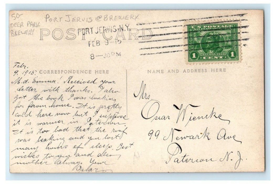 1915  Deer Park Brewery Port Jervis New York NY RPPC Photo Antique Postcard