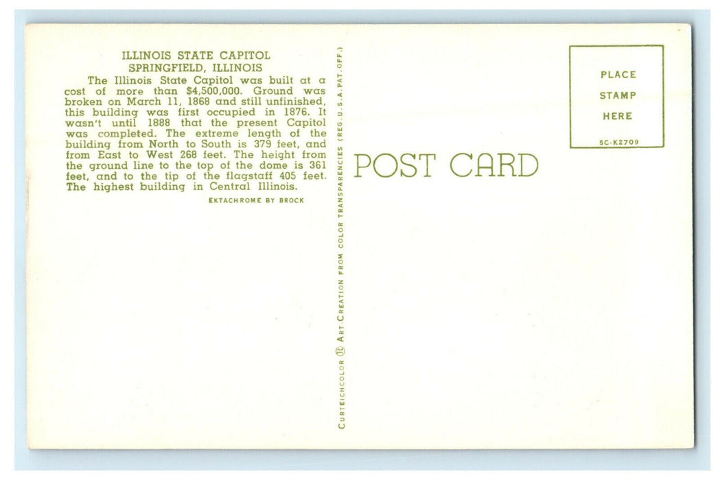 c1960s Illinois State Capitol, Springfield Illinois Front View Postcard