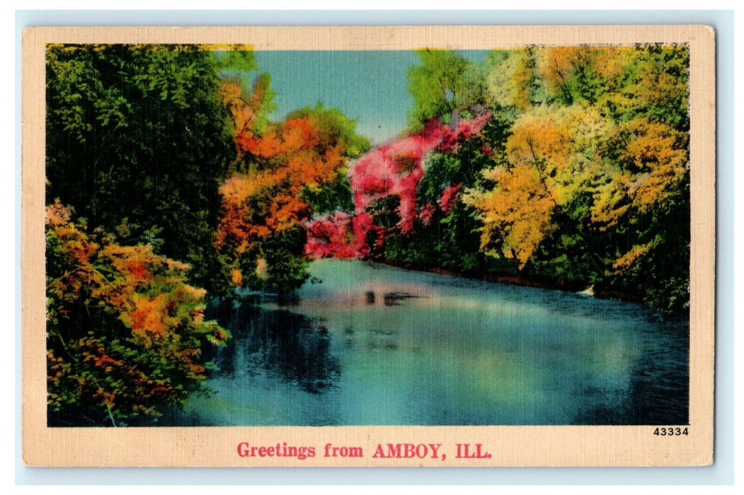 Greetings From Amboy Illinois Fall Autumn Lake 1942 Vintage Antique Postcard