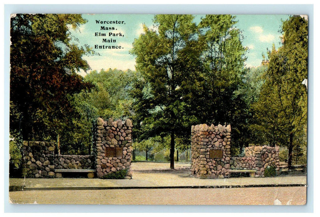 1911 Main Entrance Elm Park, Worcester Massachusetts MA Posted Postcard