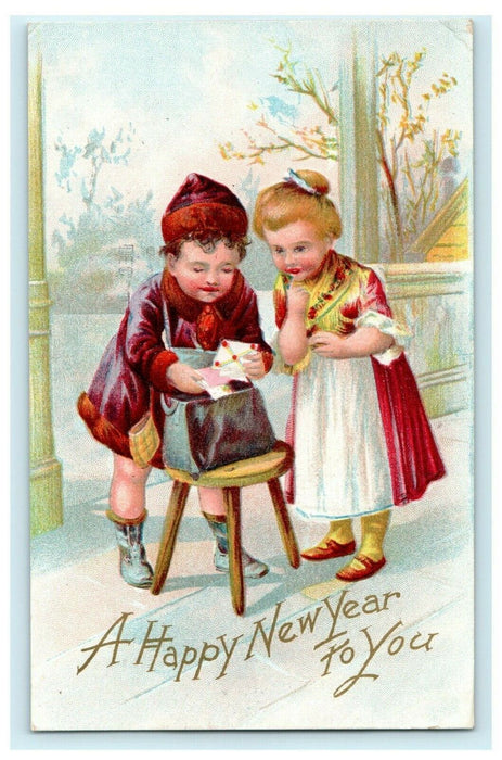 Beautiful Girl Boy Love Letter New Year 1907 Embossed Vintage Antique Postcard