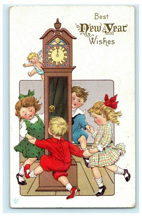 New Year Boy Grandfather Clock 1914 Embossed Harmon Illinois Antique Postcard