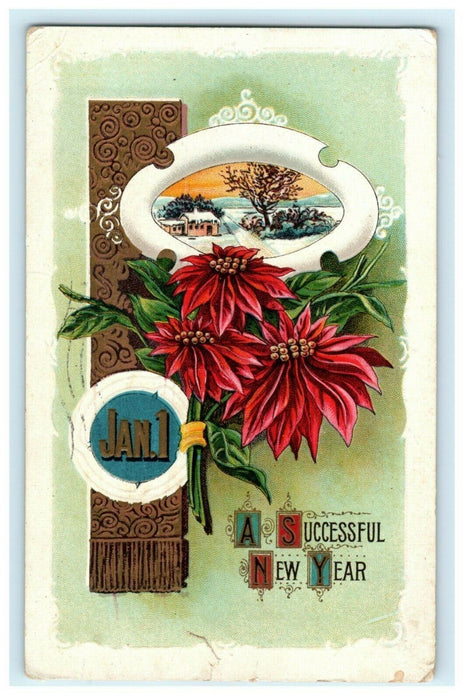 New Year Calendar Winsch Back 1914 Gold Embossed Poinsettia Antique Postcard