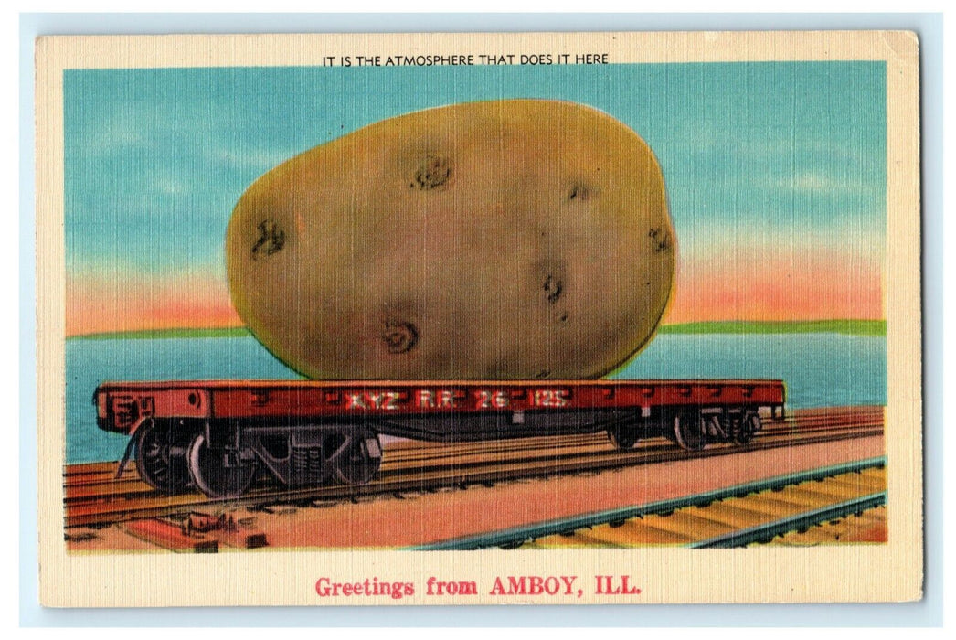 Greetings From Amboy Illinois Exaggerated Potato Train Vintage Antique Postcard