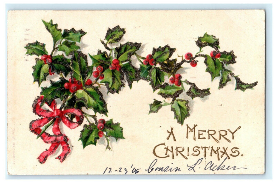Christmas Glitter Embossed Holly 1906 Gold Station O Vintage Antique Postcard
