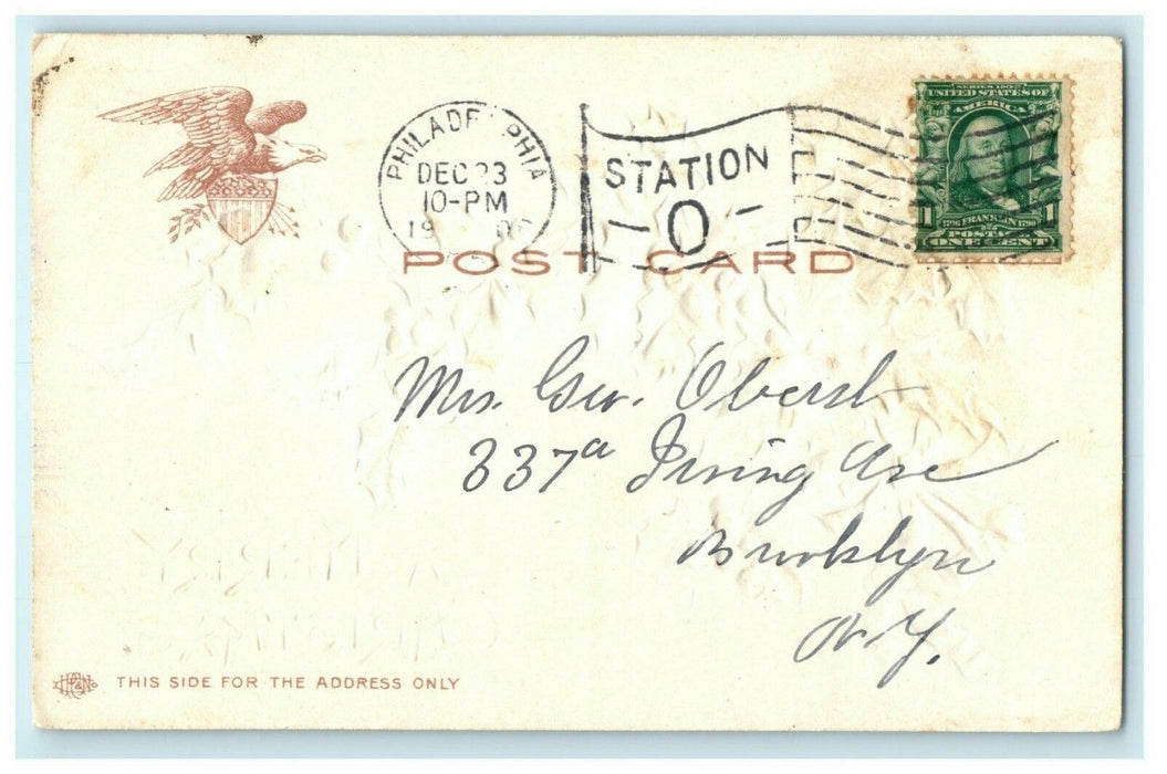 Christmas Glitter Embossed Holly 1906 Gold Station O Vintage Antique Postcard