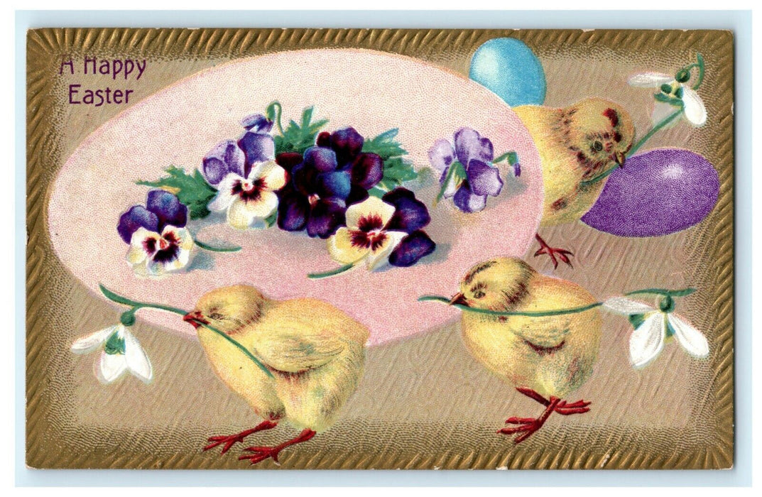 Stunning Easter Chicks Gold 1911 Embossed Flemington PA Vintage Antique Postcard