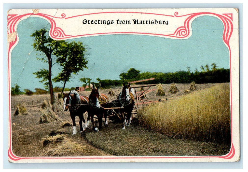 c1910s 3 Horses Carriage Greetings From Harrisburg Pennsylvania PA Postcard
