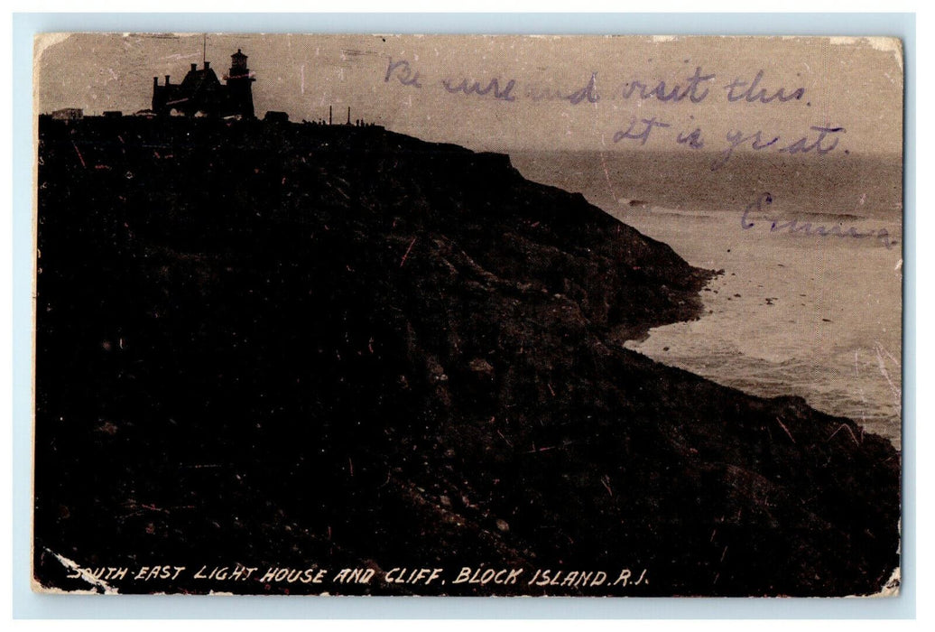 1910 South East Light House and Cliff Block Island Rhode Island RI Postcard