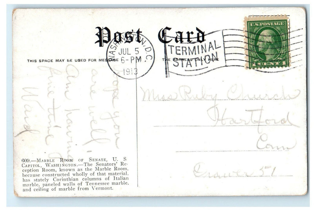 1913 Marble Room of Senate, US Capitol Washington WA Posted Cancel Postcard