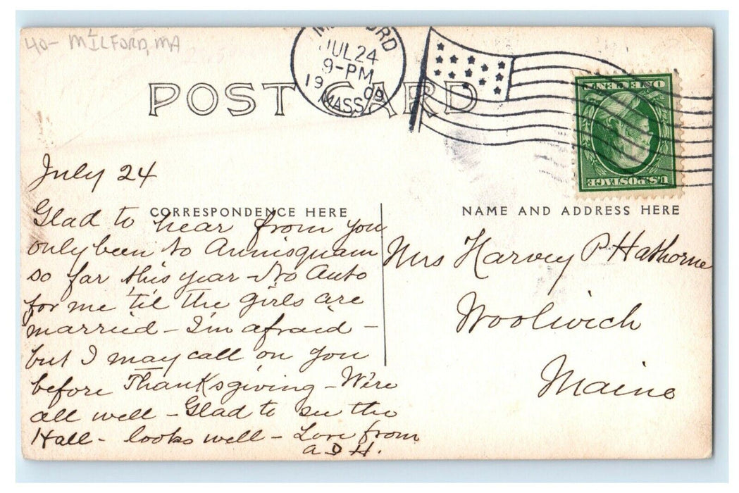 1909 Victorian House Residential Milford Massachusetts MA RPPC Photo Postcard