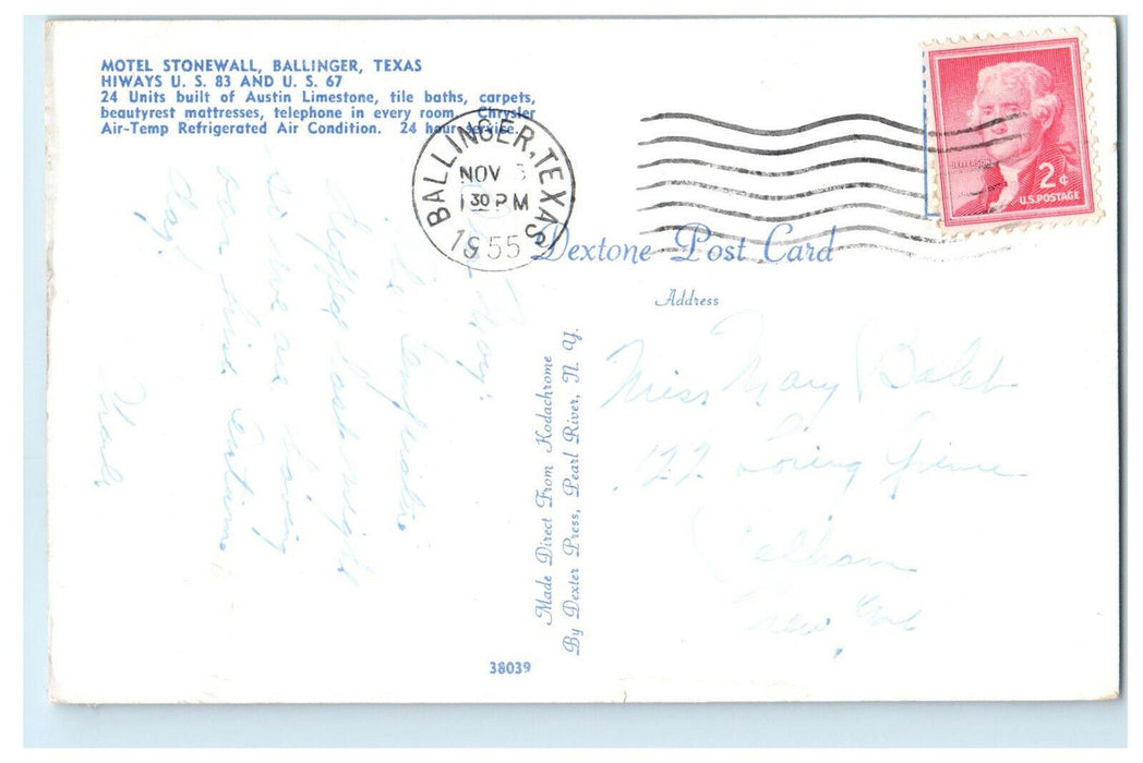 1955 Motel Stonewall US 83 and 67 Highways Ballinger Texas TX Postcard