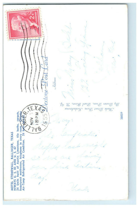 1955 Motel Stonewall US 83 and 67 Highways Ballinger Texas TX Postcard