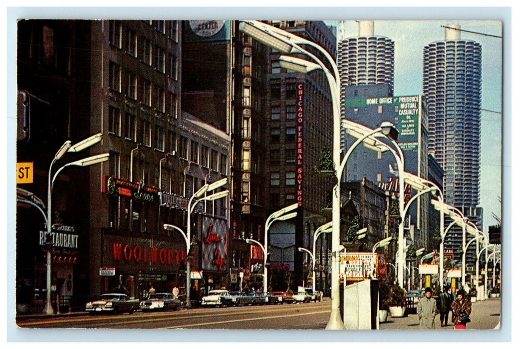 1968 Street Lights, State Street Chicago Illinois IL Vintage Posted Postcard