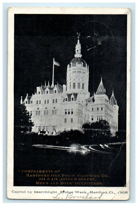 1909 Capitol By Night Hartford Advertising on front in Picture CT RPO Postcard