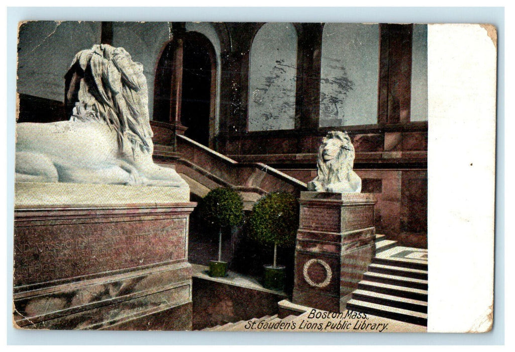 1906 St. Gaudens Lions Public Library Boston Massachusetts MA Cancel Postcard