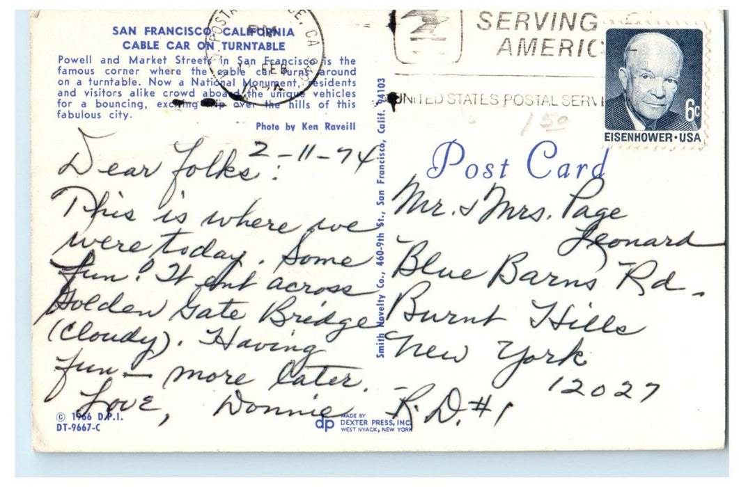 1974 Cable Car on Turntable, San Francisco California CA Cancel Postcard