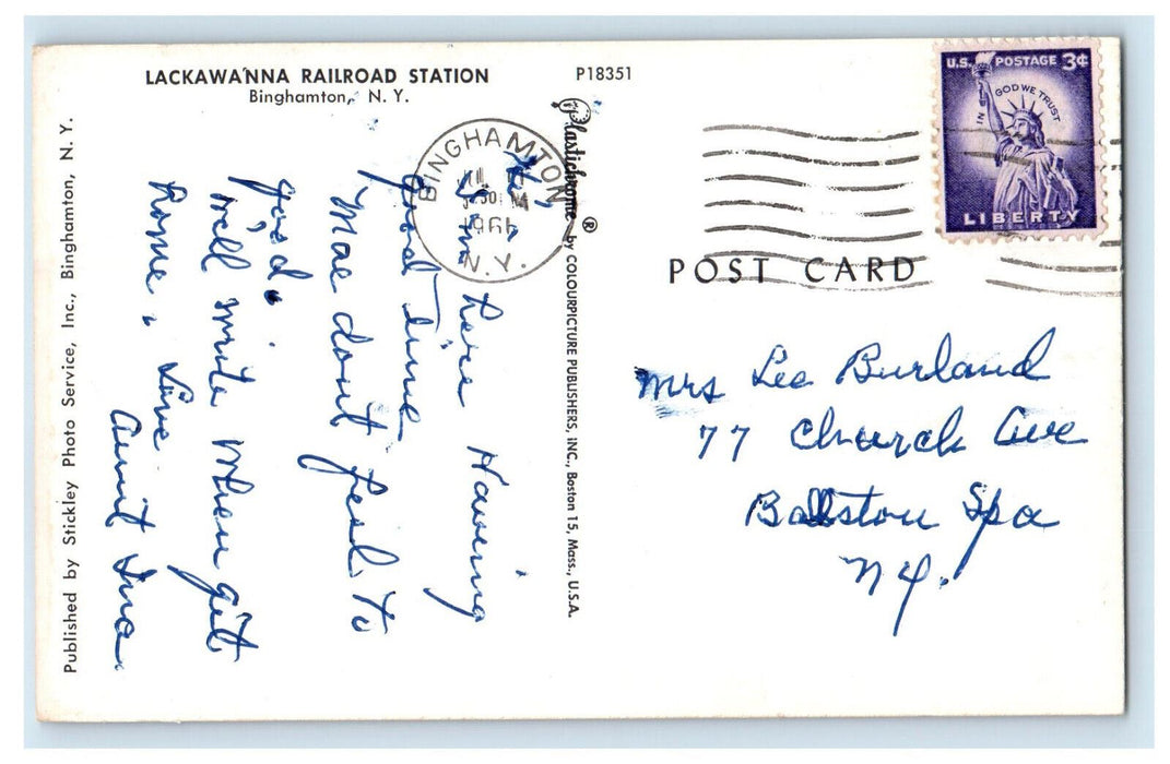 1961 Lackawanna Railroad Station Binghamton New York NY Posted Postcard