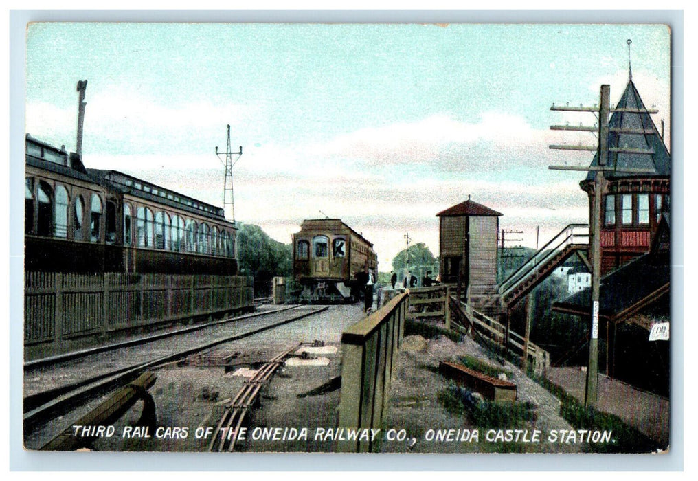 c1910 Third Rail Cars of The Oneida Railway Co. Oneida Castle Station Postcard