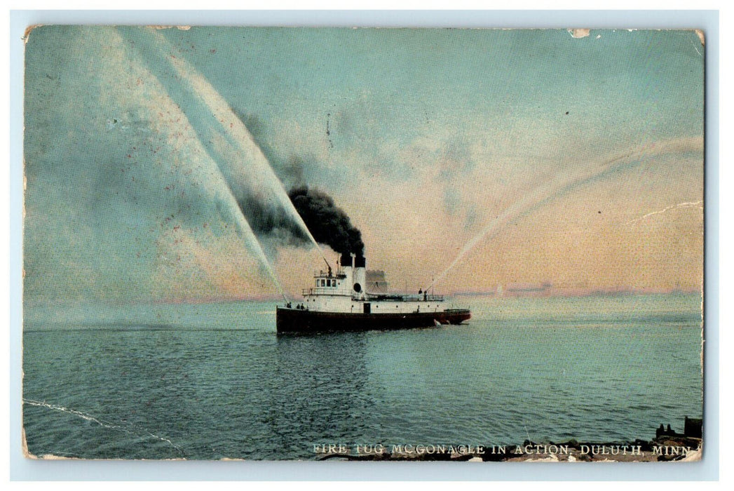 1911 Fire Tug McGonagle in Action Duluth Minnesota MN Posted Postcard