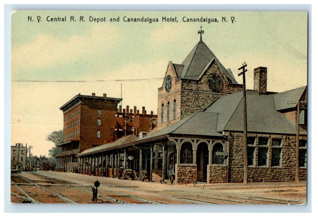 c1910 NY Central Railroad Depot and Canandalgua Hotel NY Antique Postcard