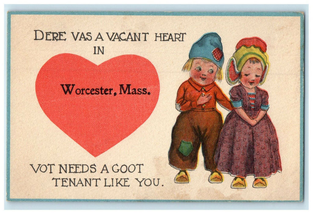 c1910s Red Heart, Dutch Kids, Worcester Massachusetts MA Posted Postcard