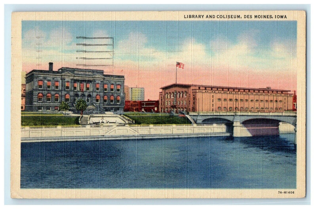 1949 View Of Library And Coliseum Des Moines Iowa IA Posted Vintage Postcard