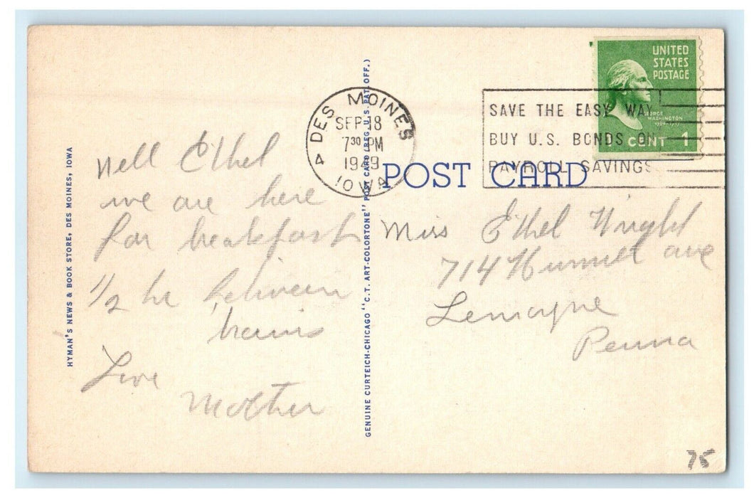 1949 View Of Library And Coliseum Des Moines Iowa IA Posted Vintage Postcard