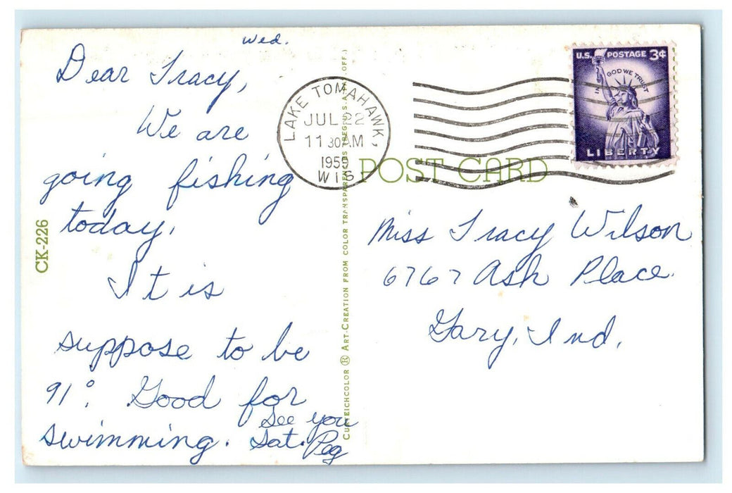 1959 Animal Eating Scene, Greetings from Lake Tomahawk Wisconsin WI Postcard