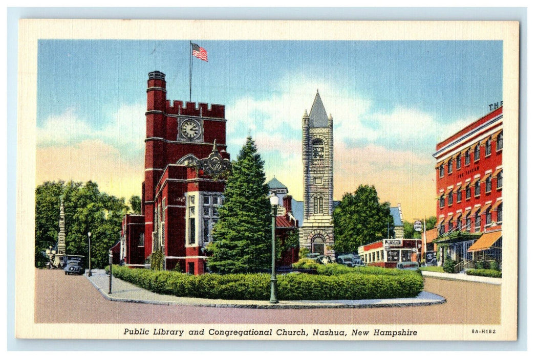 c1920s Public Library and Congregational Church Nashua New Hampshire NH Postcard
