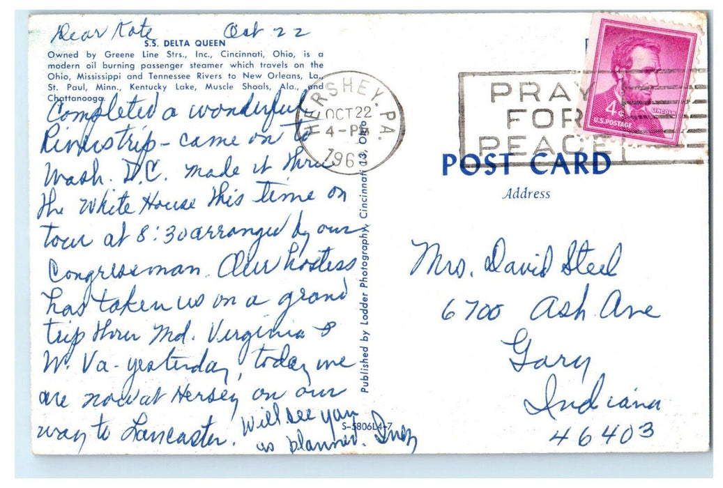 1963 SS Delta Queen Cincinnatti Ohio OH Vintage Posted Cancel Postcard